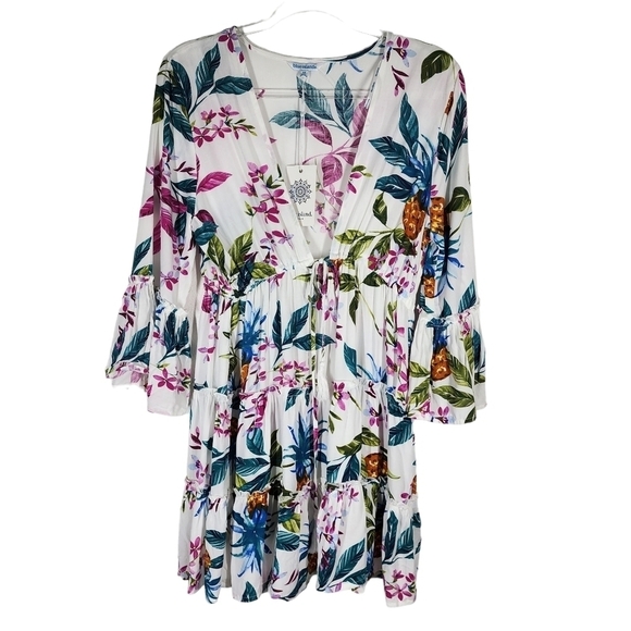 BLUE ISLAND BEACH FLORAL PLUNGING NECKLINE MINI DRESS - Picture 4 of 9